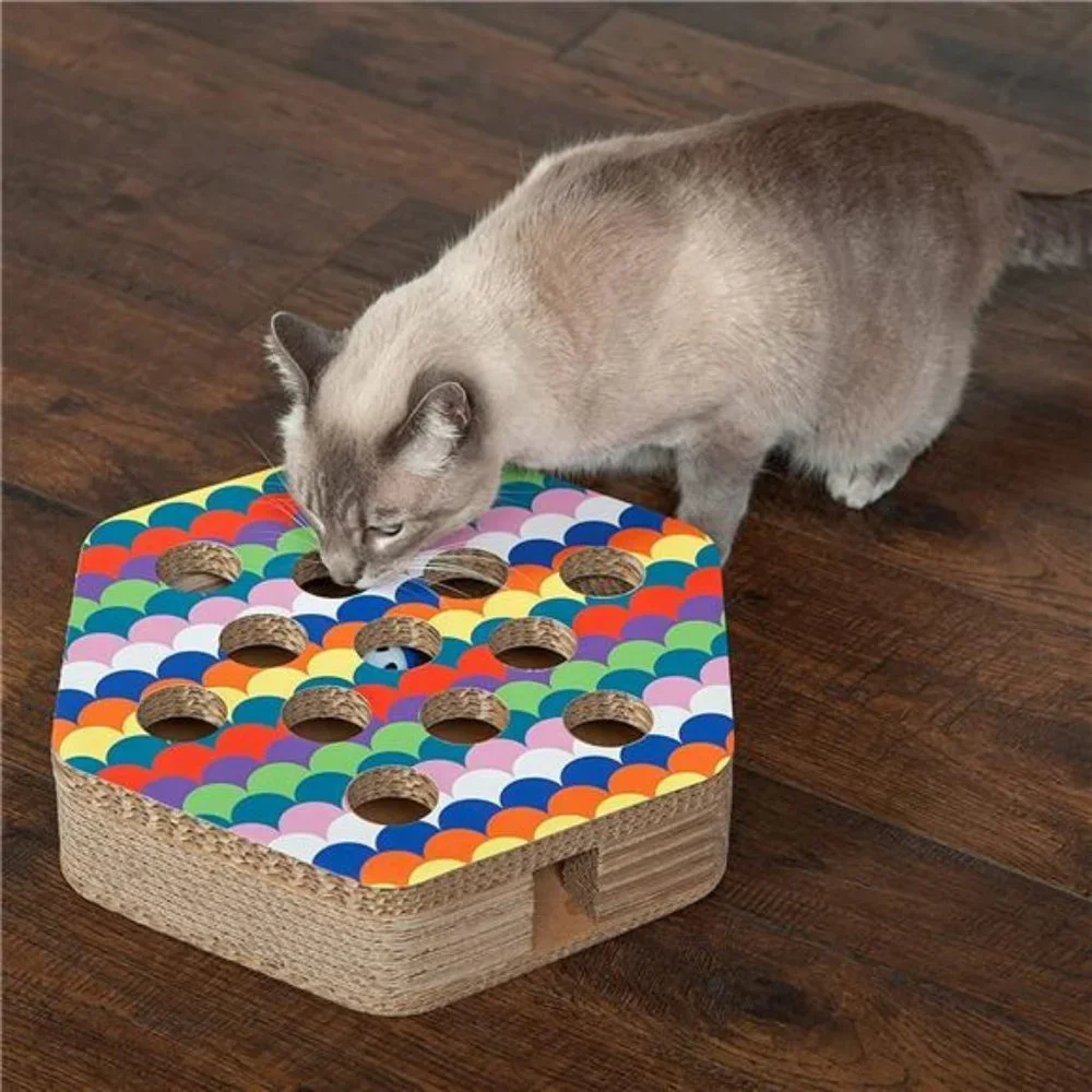 Hexagon Corrugated Cat Scratcher Busy Box Toy w/ Catnip - Rainbow Scales